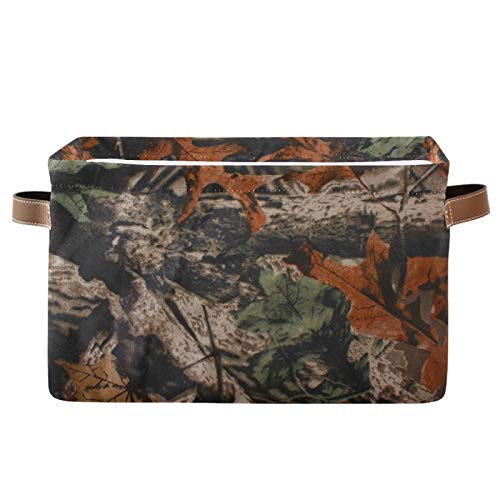 AUUXVA Rectangular Storage Basket Forest Tree Camouflage Collapsible Storage Cubes Organizer with Leather Handles for Home Organization Shelf Basket Toy Laundry Hamper Nursery