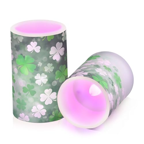 Image of St. Patrick's Day Lights Flameless Candles St Patrick Day White Leaves Pillar Candles Set of 2 Battery Operated Remote Control Warm Lights Home Decor