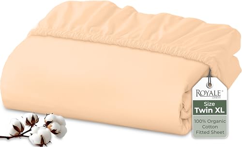 Image of Royale Linens 100% Organic Cotton Fitted Sheet - Percale Weave - Super Soft Deep Pocket Bottom Sheets - Elastic Sheet Twin XL Size - Twin XL Fitted Sheets Only - (39 inchx80 inch+15 inch, Sand)
