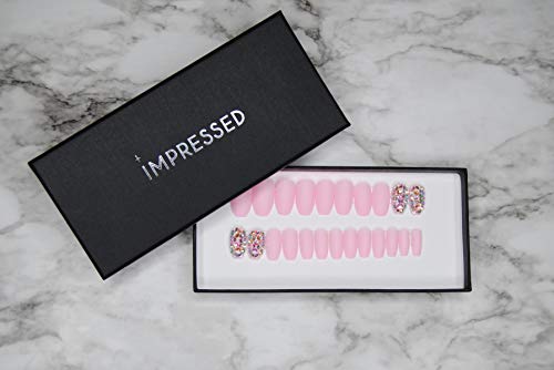 Impressed Luxury Press on Nails 24 pcs Medium Fake Coffin Nail Tips Matte Pink Rhinestone Design False Nails with Adhesive Nail Glue Tabs (Pink)
