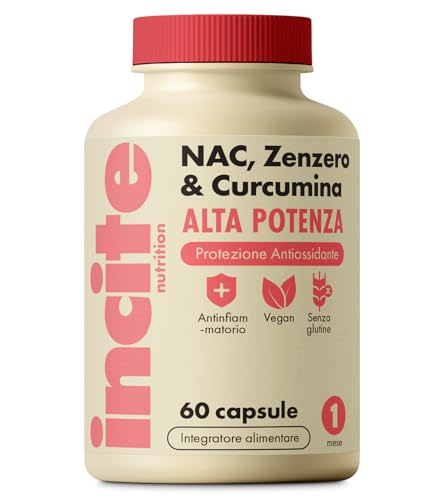 Incite Nutrition Integratore NAC N-Acetil-cisteina (600 mg) ad alto dosaggio con zenzero e curcumina. 60 capsule. Protezione antiossidante e supporto immunitario. Adatto a vegetariani e vegani