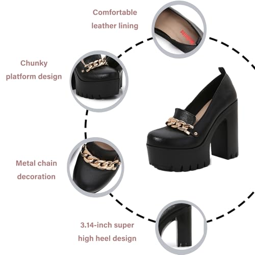 Image of Women's Leather Metal Chain Chunky High Heel Loafers Retro Round Toe Platform Block Heel Lug Sole Non-Slip Comfortable Party Evening Dress Pumps for Y2K Goth Punk