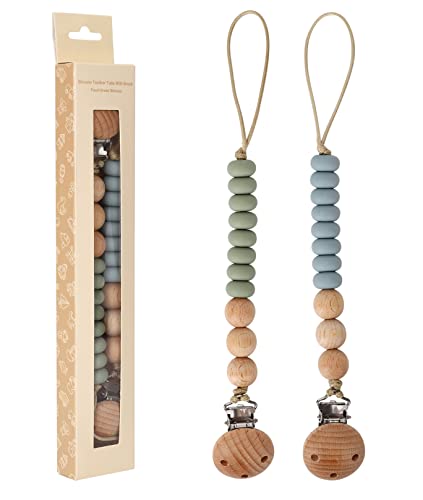 Image of Pacifier Clips, AULEGE Baby Pacifier Clip for Soothie &Teething Toy, 2pack Silicone Pacifier Binky Holder, Best Shower Gift for Newborn Boy and Girl(Sage, Ether)