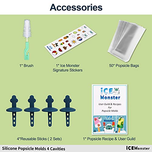 Popsicle Molds For Kids Shapes Maker 4 Cavities Food Grade Silicone Homemade Frozen Ice Popsicle Maker Bpa Free Contain 50 Popsicle Bags Popsicle Recipe By Ice Monster (4 Cavities, Blue) #TOP4