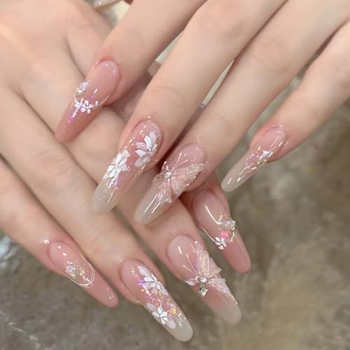 Hkanlre Press on Nails Long Fake Butterfly Pink Nails Tips Full Cover False Almond Nails for Women and Girls 24PCS