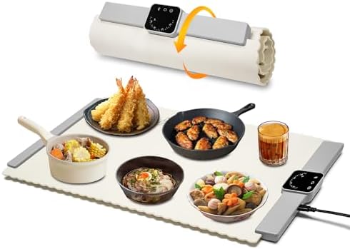 Food Warmer Mat, Electric Portable Silicone Warming Plate, Roll Up Heating Tray for Food, 5 Heat Levels, 24x15.7, (White)