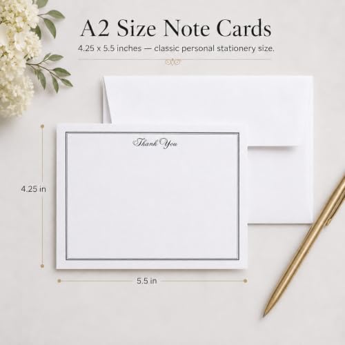 Image of 10 Thank You Note Cards & 10 White Envelopes, FLAT Thank You Stationery Set | For Men and Women, Blank Thank You Notes for Wedding, Baby Shower, Graduation, Classic Style
