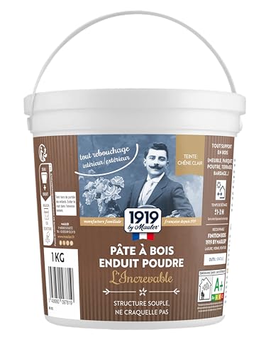 Enduit de rebouchage bois Gros Trous - Pâte à bois Poudre - 1Kg teinte Chêne Clair - Intérieur/extérieur, ne fendille pas, adhérence extrême -...