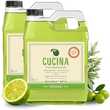 Cucina Fruits & Passion Lime Zest & Cypress Kitchen Hand Soap Refill, 1L Each โ 2 Pack | Biodegradable, Cold-Pressed Olive Oil, Vegan, Made in Canada