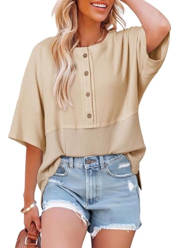 Dokotoo Summer Henley Shirts for Women Ladies 3/4 Bell Sleeve Crewneck Blouses Waffle Knit Tops Solid Comfy Cute Oversized Blacktunic Tops Fall Clothes Medium