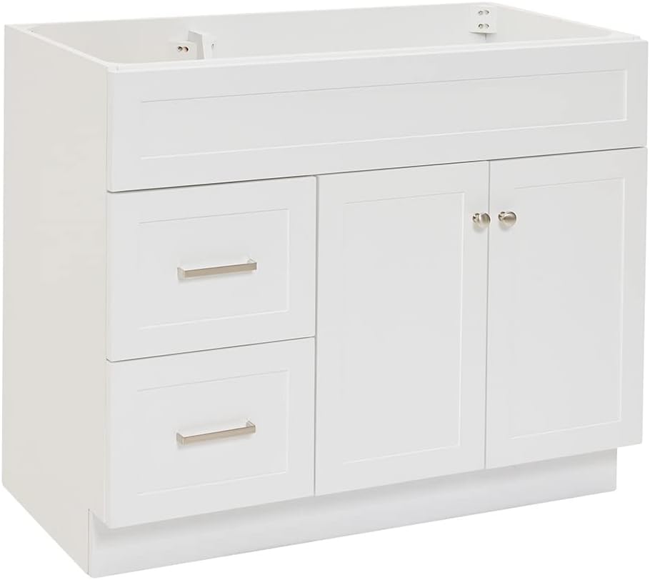 ARIEL Hamlet 42-inch Bathroom Vanity Base Cabinet,Solid Wood, 2 Soft Closing Doors, 2 Dovetail Drawers, Brushed Nickel, White