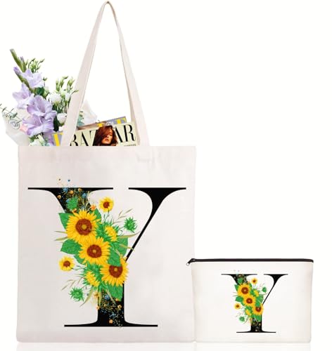 Andeiltech Bolsa de lona con inicial con letra de girasol, bolsa de maquillaje personalizada con monograma, regalo para damas de honor, cumpleaños, boda, Girasol Letter_y, Talla única