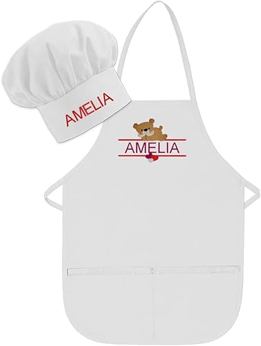 THE APRONPLACE Conjunto de delantal y sombrero personalizado para niños, diseño de animales, añade tu propio nombre para niños, cocina, horneado