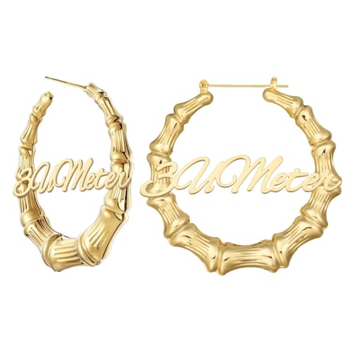 3UMeter Custom Bamboo Earrings for Women Name Earrings Personalized 18K Gold Plated Custmized Gifts for Mom Grandma Women