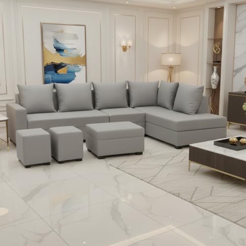 Image of FURNY Gloria 8 Seater Fabric RHS L Shape Sofa Set with 1 Centre Table & 2 Puffy (Light Grey) | Premium Velvet Finish | Ideal of Living Room