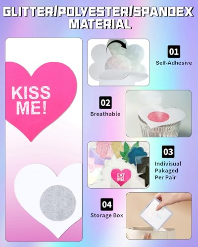 Image of CICKEE Pasties Sexy Nipple Covers 9 Pack Fun Pasty Pack for Rave Party Goth Lingerie Heart X Breast Petals with Words