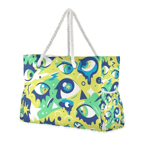 Sac graffiti art abstrait yeux jaune vert style urbain avec poches latérales