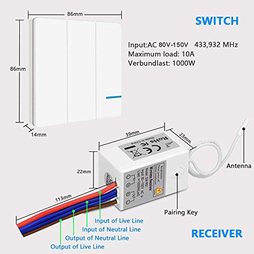 Wireless Light Switch, Thinkbee 3 Gang Remote Wall Switch With Mini Receiver Push Button Transmitter, Outdoor 1900Ft Indoor 160Ft, For House Office Hotel Factory Ceiling Lamp Led, Ip66 Waterproof #TOP5
