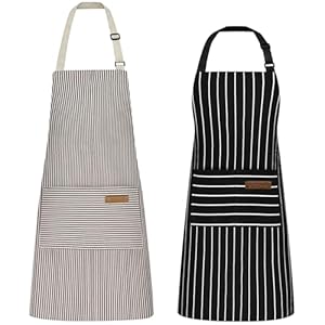 2 Pezzi Grembiule da Cucina Chef, Grembiule da Ristorante BBQ Bar, Regolabile Grembiuli con Tasche Chef di Cucina, Anti-fouling Gembiule Cucina Uomo Donna (Nero, Marrone)