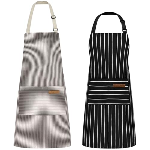 2 Pezzi Grembiule da Cucina Chef, Grembiule da Ristorante BBQ Bar, Regolabile Grembiuli con Tasche Chef di Cucina, Anti-fouling Gembiule Cucina Uomo Donna (Nero, Marrone)
