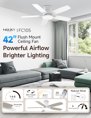 Flush Mount Ceiling Fan with Light, 42 Inch, Remote Control, 3CCT Dimmable LED, 6-Speed Silent Reversible DC Motor, Low Profile Hugger Ceiling Fan for Indoor/Outdoor 90-264V 50/60Hz Fresh White thumbnail 2