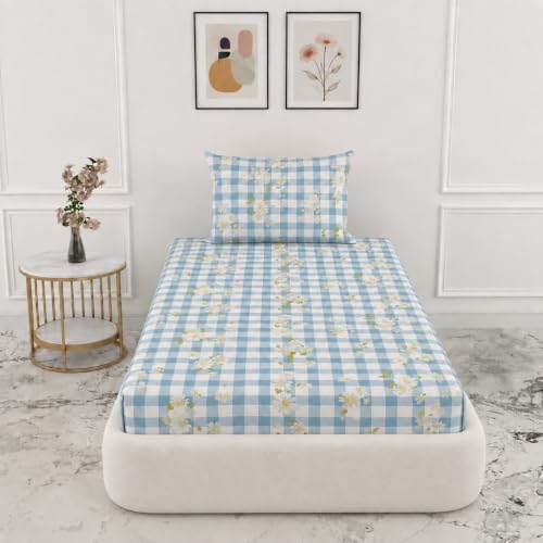Image of VOMZER Single Size (36x72) 300 TC Soft Cotton Feel Microfiber All Around Elastic Fitted Single Bedsheet with 1 Pillow Cover | Blue Check