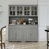Hitow 75.9' Kitchen Pantry Cabinet with Glass Doors & Hutch, Large Wood Storage Cabinet with 8 Shelves & 3 Drawers, Rustic Buffet Cupboard for Home Bar, Kitchen, Dining Living Room, Grey