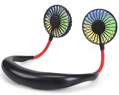 Portable Hanging Neck Fan, Personal Fan, Around Neck Fan, Rechargeable Wearable USB Fans, 3 Speed Color LED Light 360 Degree Adjustment Head Suitable for Office, Outdoor, Sports (Black)