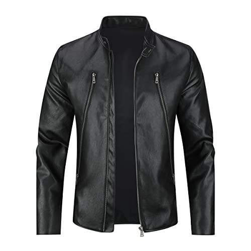 Sliktaa Hommes Blouson en Similicuir Écologique d'hiver avec Un Col Montant Haut de Transition Matelassee Moto Pilote Zippé Fermeture Eclair Casual Veste en Cuir Cool Classique,Noir D,L Cover
