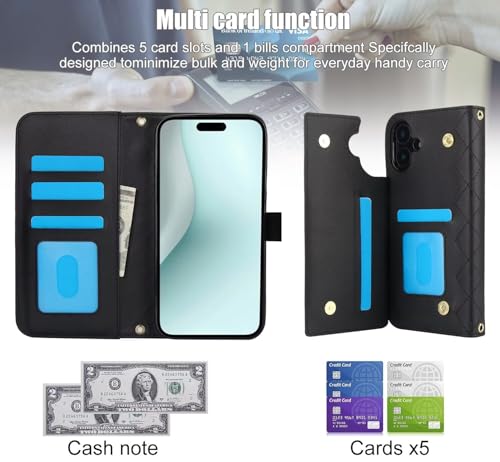 SsHhUu Coque pour iPhone 16 Plus 6,7 Pouces,Portefeuille Anti-Choc Housse en Cuir Premium avec lanière détachable,avec Porte-Carte Fonction Support Case à Rabat,Noir – vue 3