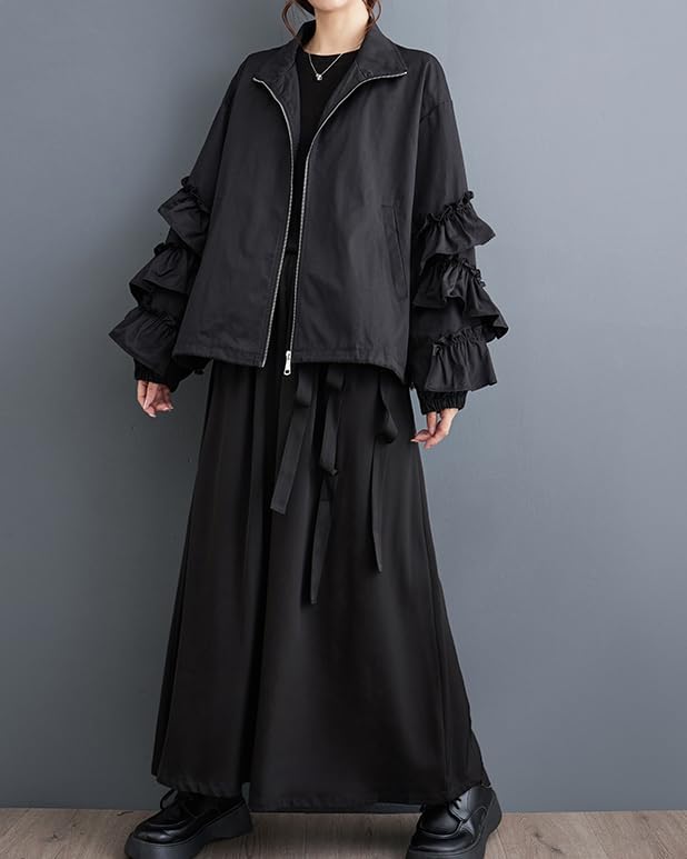 ellazhu Women's Coats Trench Mock Neck Long Sleeve Oversize Zip Up Side Pockets Solid Ruffled Outerwear GZ638 A - Image 5