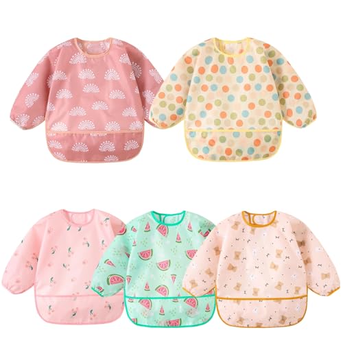 Yealoo 5Pcs Babero con Mangas Impermeable 5-30 Meses Baberos Babetes Bebe lavables