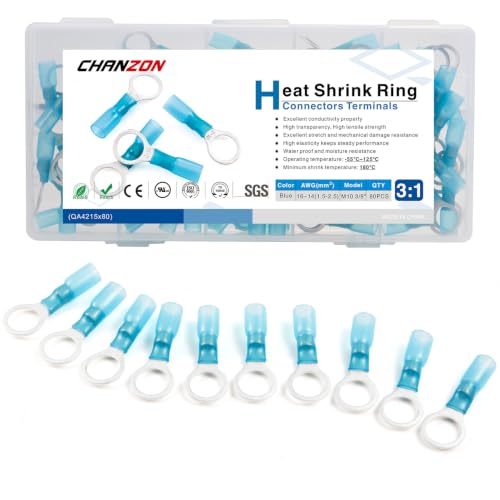 Chanzon 80pcs M10 Heat Shrink Ring Terminal 3/8"UL Recognized 22-16AWG Blue