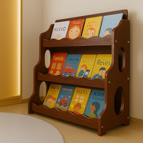 Image of Wood Kids Bookshelf,WalnutWood GrainPattern | Dutch Design Scalloped Montessori Toddler Book Shelf 3Tier Wooden Furniture