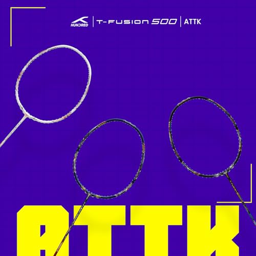 Image of Hundred T-Fusion 500 Attack Unstrung Badminton Racket with Full Cover | 84 Grams | Maximum Tension ≤32 to 34 lbs (Black /Charcoal)