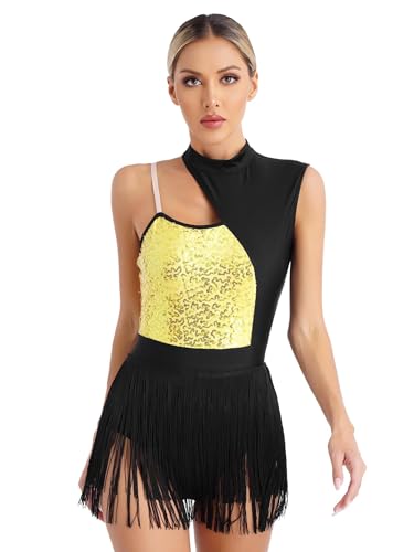 IEFIEL Vestido Lentejuelas de Danza para Mujer Maillot de Baile Latino Tango con Flecos sin Manga Maillot de Patinaje Artístico Vestido de Bailarina S-XXL Dorado XL