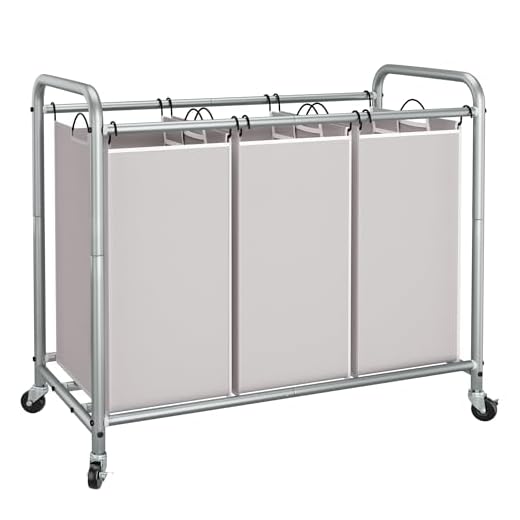 STORAGE MANIAC 3 Section Laundry Sorter, 3 Bag Laundry Hamper Cart with Heavy Duty Rolling Lockable Wheels and Removable Bags, Laundry Organizer Basket Clothes Separator Hamper, Gray