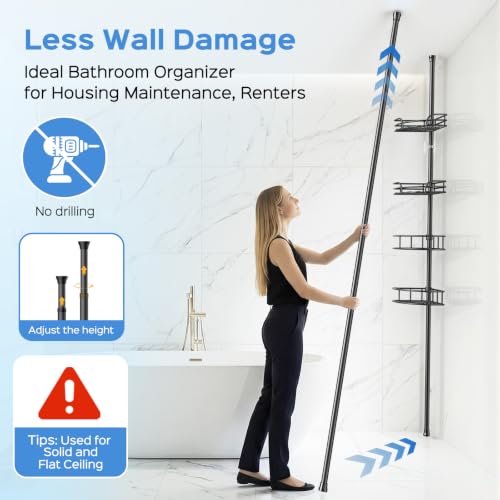 Image of HAMITOR Corner Shower Caddy Tension Pole, Adjustable No-Drill Widen Shelves