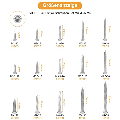 VIGRUE 405 Stück Schrauben Set Rundkopf M3 M3.5 M4, TX Holzbauschrauben aus Edelstahl A2, Blechschrauben Linsenkopf Mit… – Bild 5