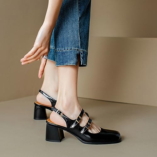 DINTAHA Goth Mary Jane Shoes Square Toe Slingback Heels Strappy Patent Leather Pumps2