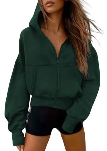 PRETTYGARDEN Women's Zip Up Y2K Hoodies 2025 Fall Fashion Long Sleeve Hooded Fleece Sweatshirts Casual Jacket Winter Clothes (Dark Green,X-Large)