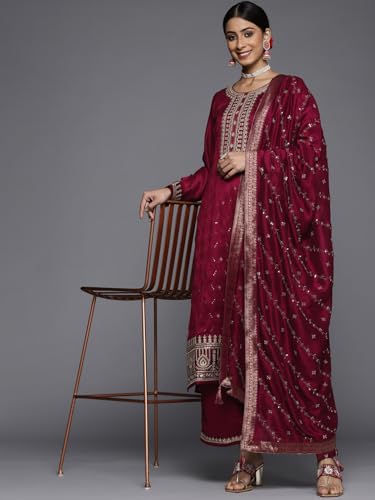 Image of Libas Womens Embellished Silk Blend Straight Kurta With Palazzos and Dupatta