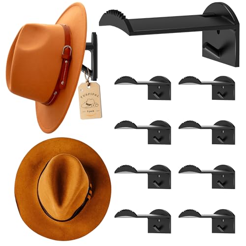 TUSPIPAL 2.9Inch Hat Hooks for Wall - (8 Pack) Cowboy Hat Rack,SuitableSun Hats, Fedora, Wide Brim Hats Strong Hold Hat Hangers for Wall,Western Room Decor- (Black)