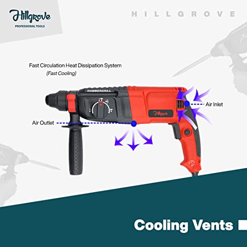 Image of Hillgrove HGCM1041M6 All Purpose 26mm Hammer Impact Drill Machine Forward /Reverse Rotation with 5Pcs SDS Plus Bits for Making Holes in Metal /Wood /Concrete Hammer Drill (26 mm Chuck Size, 1200 W)