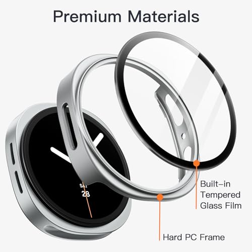 Image of JETech Cover Case with Screen Protector for Samsung Galaxy Watch 8 44mm, Overall Protective Cover, Built-in Tempered Glass Film High Sensitivity, 2 Pack (Silver)