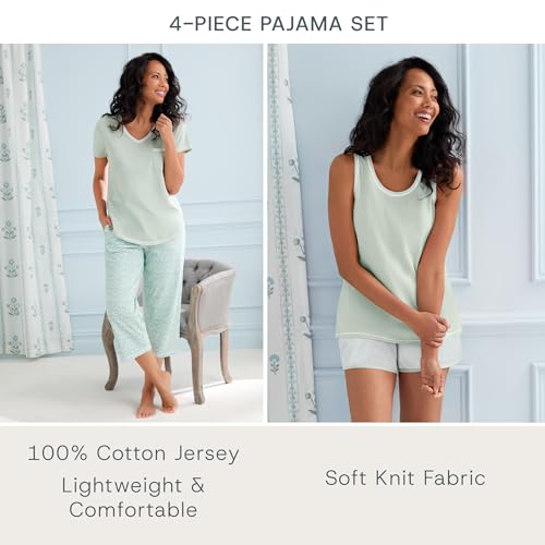 Image of Carole Hochman Women's 4-Piece 100% Cotton Pajama Set - V-Neck T-Shirt, Tank, Capri Pants & Shorts with Drawstring & Pockets