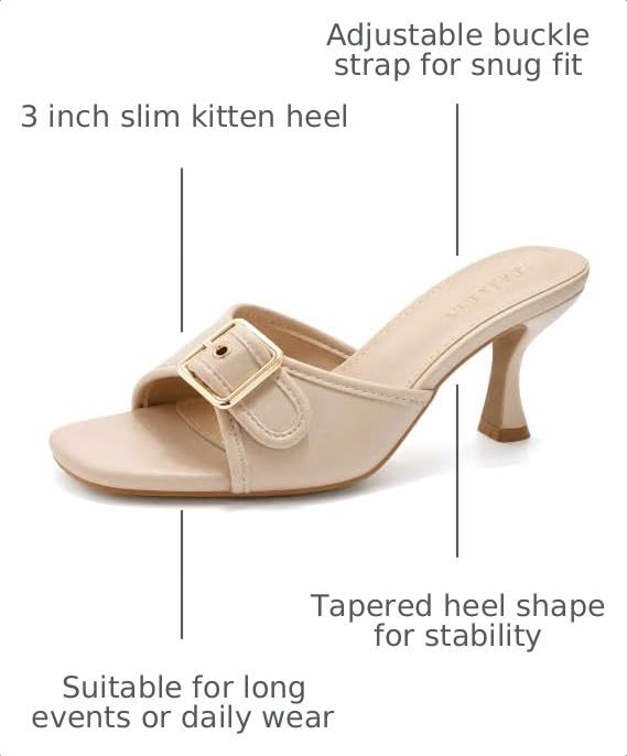 SOLLUCIA Nude Kitten Heels for Women Square Open Toe Mules Sexy Backless Slip On Dressy Heeled Sandals with Buckle Strap for Wedding,Prom,Party,Daily by SOLLUCIA - Used condition - Image 2