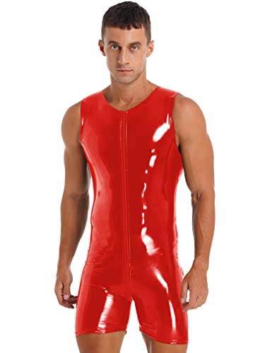 FEESHOW Herren Wetlook Body Lackleder Jumpsuit Offener Schnitt Unterwäsche Männer Latex Top Sport Unitard Trikot Ringeranzug Rot M