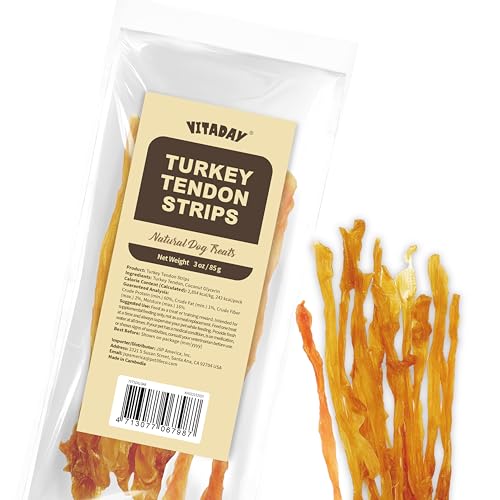VITADAY Turkey Tendons for Dogs All Natural Healthy Dog Treats Long Lasting Hypoallergenic Dog Chews Rawhide Free USA-Sourced for Small Dogs Strips 3 oz Pack
