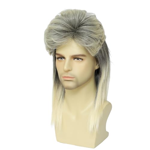 Image of 80s Men's Mullet Wig, Long Ombre Blonde & Black Retro Wig for Halloween Cosplay, Punk Rock Costume, Fancy Dress & 80s Theme Party (Blonde Mix Black)